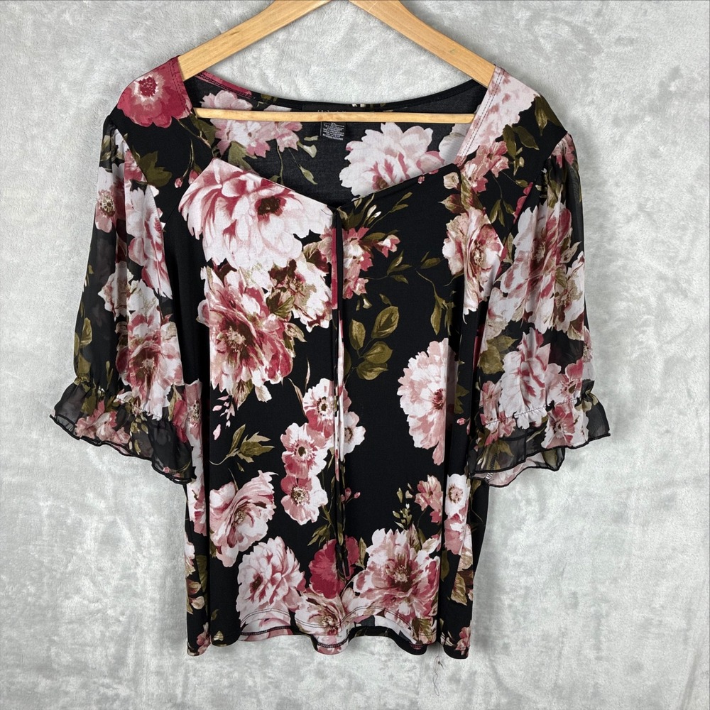 Adele & May Floral Sweetheart Tie Neck Ruffle Sleeve Blouse Black Pink XL